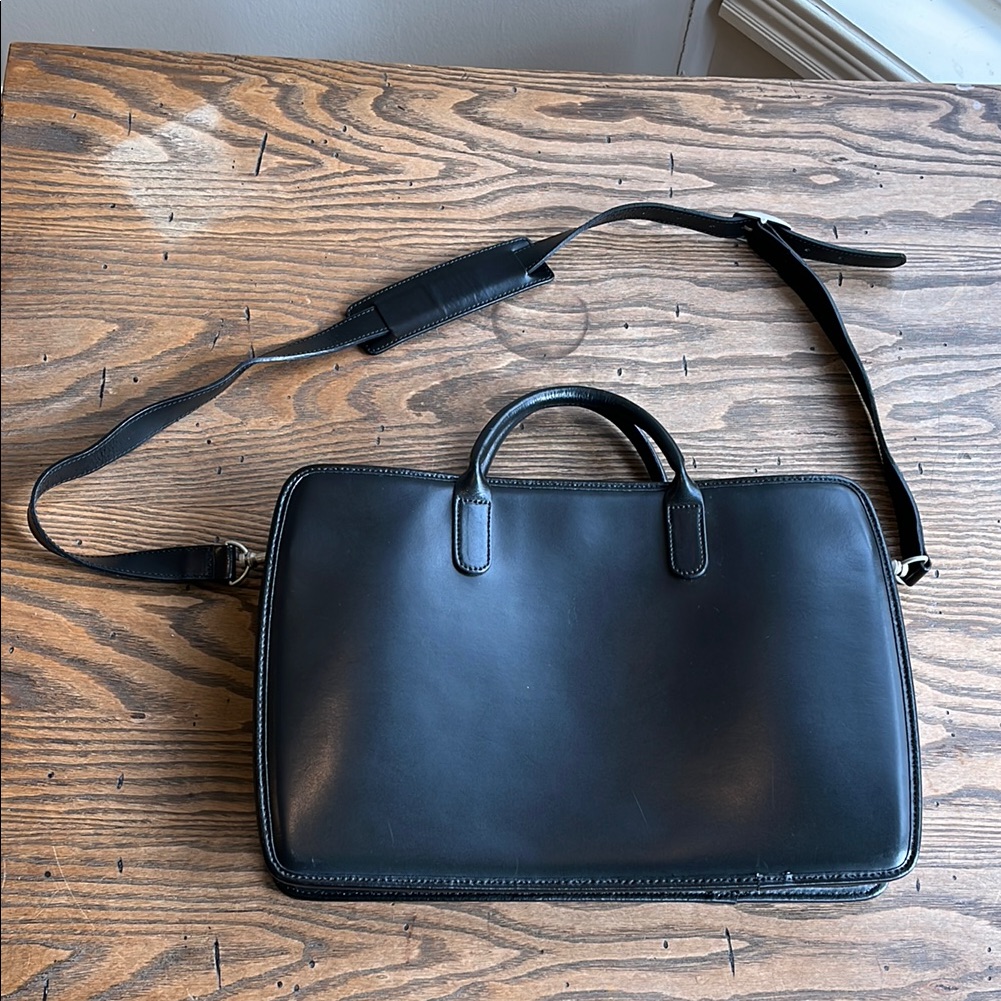 Jack Georges Slim Black Leather Briefcase Laptop Bag With Crossbody Strap